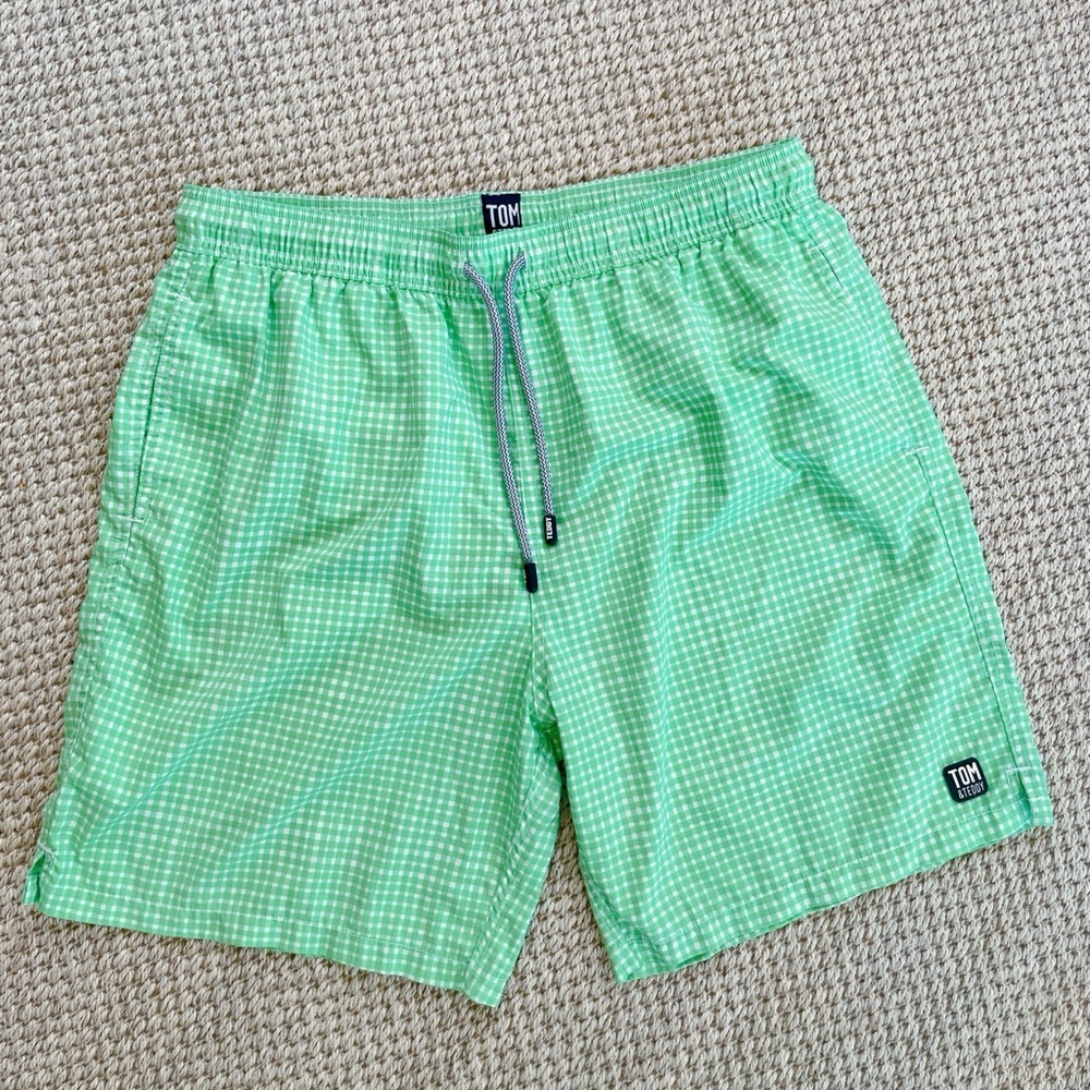 Tom & Teddy Green Gingham Swim Trunks XXL Men’s Classic Preppy Beach Shorts